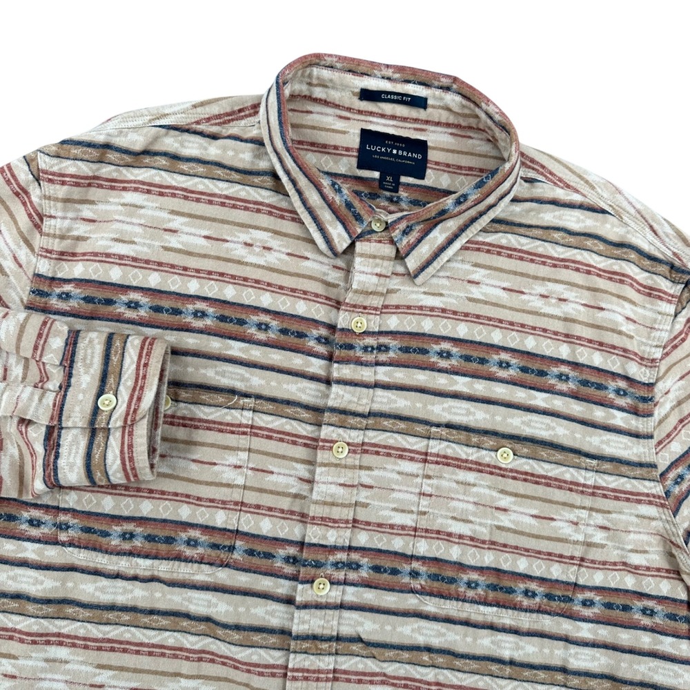 Lucky Brand Mens XL Classic Fit Aztec Southwestern Flannel Shirt Tan 7M42678